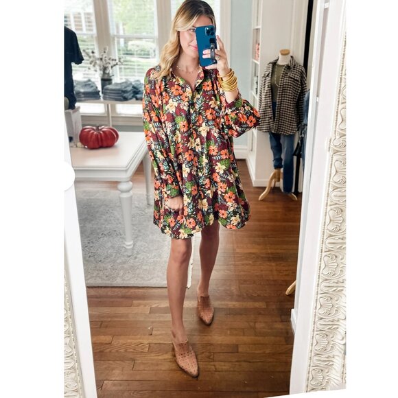 ANNIEWEAR Dresses & Skirts - AnnieWear Floral Print Mini Dress Autumn Long Sleeve Button Down Shirt Dress M